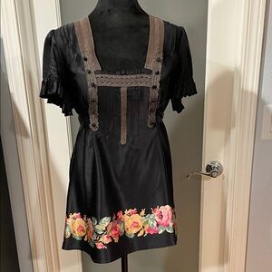 Free People Black Satin Floral Hem Blouse with Brown Lace Trim
